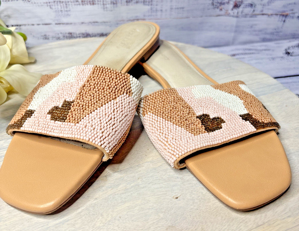 Sanctuary Revive Beaded Slide Sandals Flat Open Toe Mule Multi Neutral 9.5